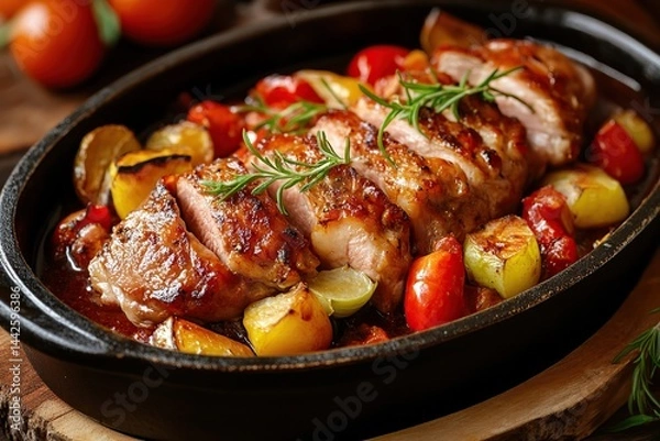 Fototapeta Juicy roasted meat with fresh vegetables served in a rustic dish