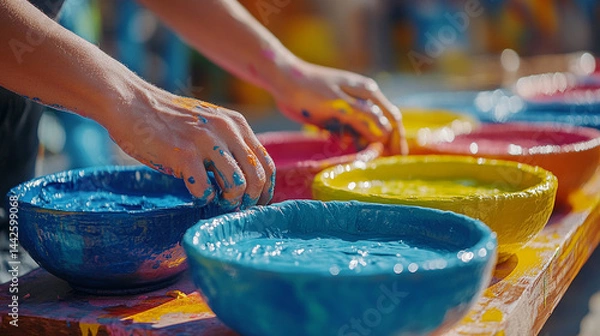 Fototapeta hands in paint next to bowls of colorful paints