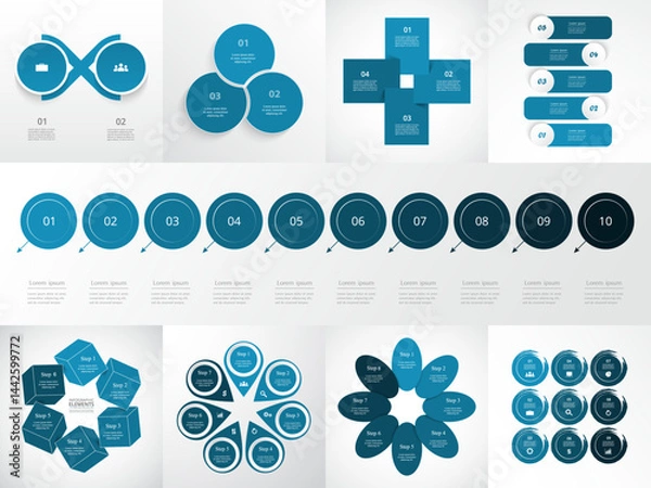 Fototapeta Set of blue infographic templates with 2, 3, 4, 5, 6, 7, 8, 9 and 10 options, parts or processes.