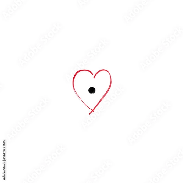 Fototapeta A Tiny Black Dot in the Center of a White Background with a Thin Red Heart-Shaped Orbit