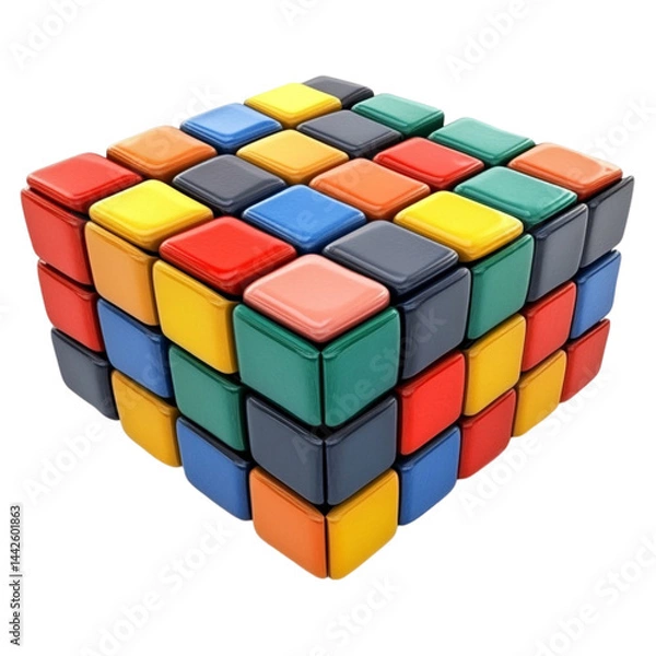 Fototapeta Colorful cube puzzle toy with vibrant blocks against a striped background