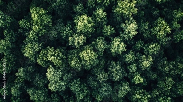 Fototapeta Aerial view of lush green forest canopy dense trees nature top dark life drone woods shade image