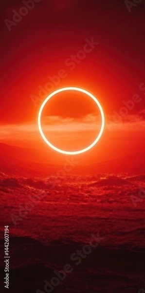 Fototapeta A bright illuminated circle shines above the dark red landscape