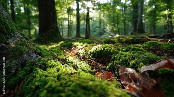 Fototapeta Green moss with natural colours in peaceful forest concept. Lush forest floor with green moss and sunlight.