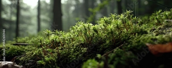 Fototapeta Green moss with relax mood in green forest concept. Lush green moss covering forest floor.