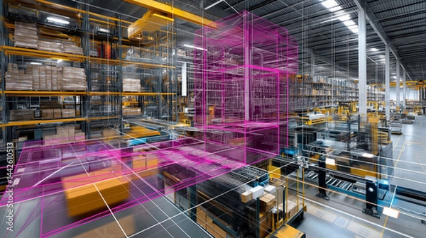 Fototapeta WMS. Warehouse Management System. Inventory control technology. Warehouse automation efficiency. Supply chain shipment. Digital twin of warehouse operations with WMS analysis.