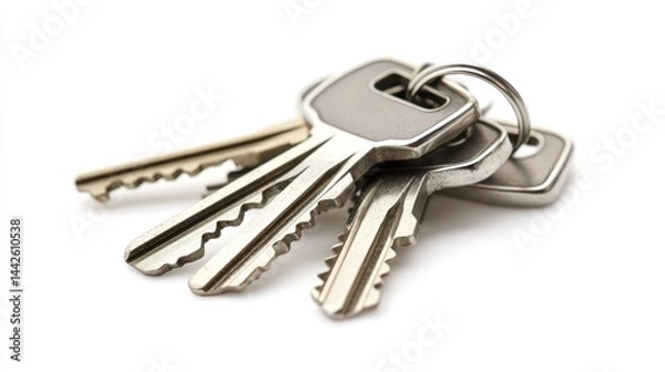 Fototapeta Small group of silver house keys with decorative keychain on white background.