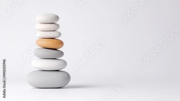 Fototapeta Stacked smooth stones in a balanced tower formation on a minimalist white background, showcasing tranquility and simplicity, and zen concept.