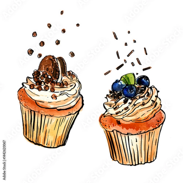 Fototapeta Cupcakes with cream. Dessert sketch in ink and watercolor.
