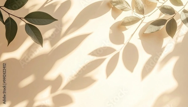 Fototapeta Nature's grace leaf shadows on cream background artistic photography soft light minimalist style