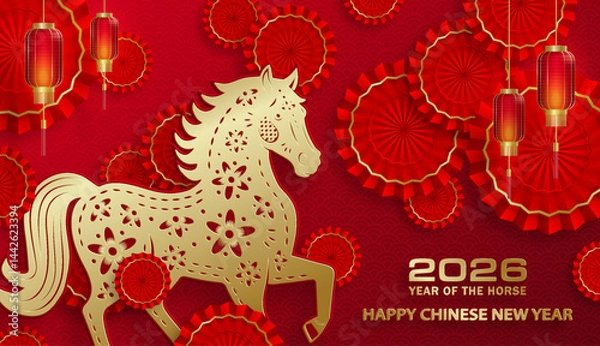 Fototapeta Happy Chinese new year 2026 horse Zodiac sign, with gold paper cut style on color background