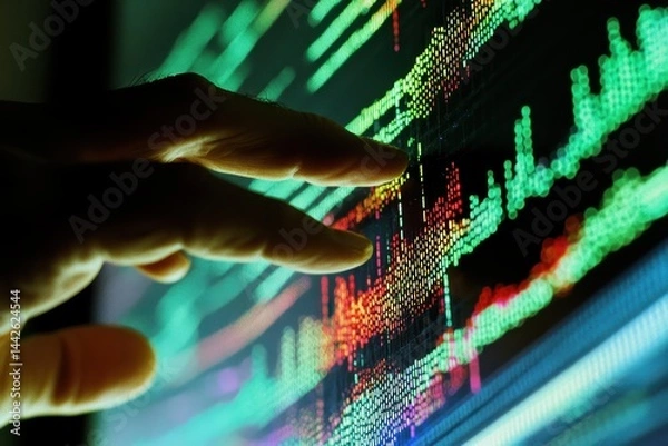 Fototapeta Hand Reaching Towards Colorful Data on Digital Display Screen