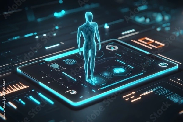 Fototapeta Digital hologram of a humanoid figure displayed on a futuristic tablet interface in a tech environment