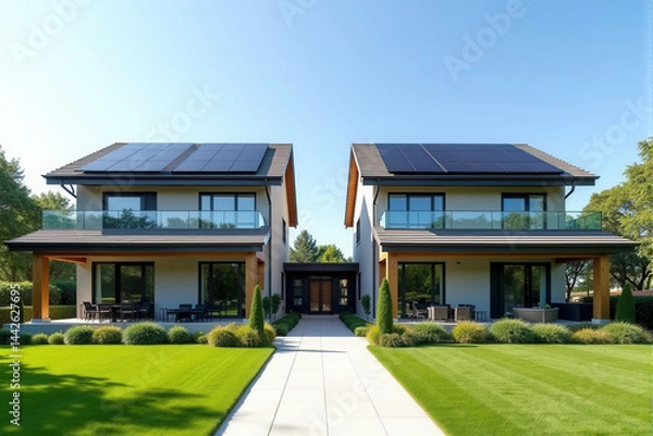 Obraz A modern duplex with solar panels on each unit’s roof, surrounded by neatly trimmed hedges and trees.