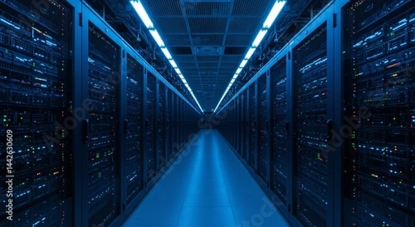 Fototapeta A long illuminated corridor in a server room with rows of racks and blue lighting overhead and below