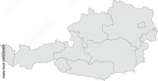 Fototapeta Vector map of Austria showing all regions with clearly defined borders and country outline. Grey color scheme with dark contours. Perfect for educational, infographic, and professional use.

