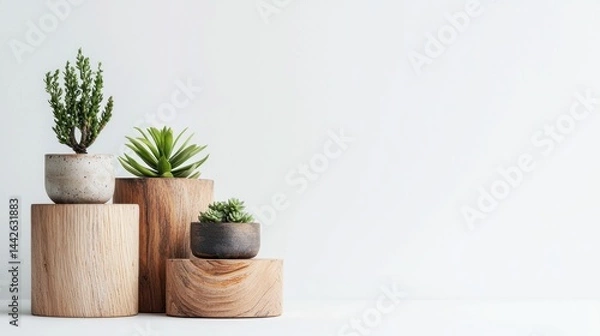 Fototapeta Small wooden stools with decorative potted plants in earthy tones on white background.