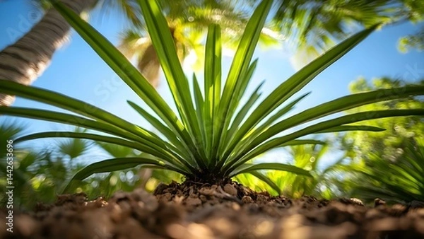 Fototapeta A close-up view of a green plant with long, pointed leaves, set against a bright, sunny background with blurred palm trees. Concept Close-Up Plant Photography, Green Leaves, Tropical Background