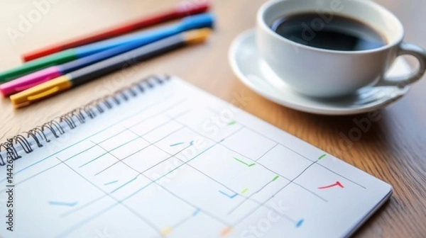 Fototapeta Coffee Break, Planning and Productivity with Colorful Markers and Schedule