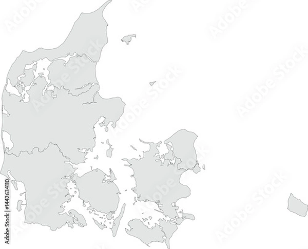 Obraz Vector map of Denmark showing all regions with clearly defined borders and country outline. Grey color scheme with dark contours. Ideal for educational, infographic, and professional use.


