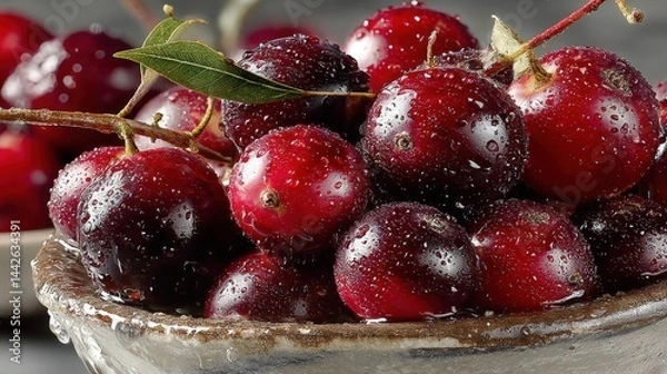 Fototapeta Camu camu berries spill from bowl showcasing vibrant red color on white surface