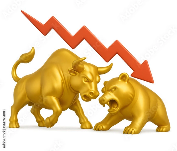 Obraz Golden Bull vs. Bear with Downward Arrow – Symbol of Market Trends and Rivalry
