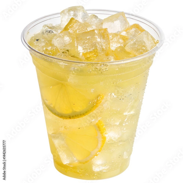 Fototapeta Front view of A Clear plastic cup filled Lemonade with iced isolated on transparent background