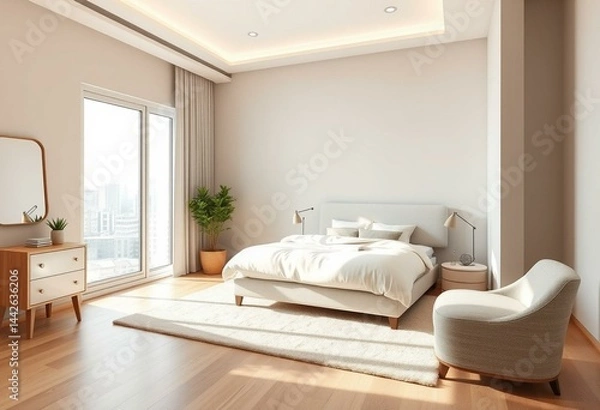 Fototapeta Cosy bedroom interior with a city view