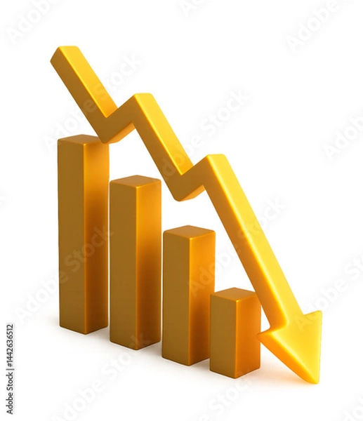 Obraz 3D illustration of glowing yellow bar chart with sharp downward arrow symbolizing financial loss, market decline, or economic recession.
transparent backgrounds. 