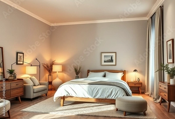 Fototapeta Cosy bedroom interior with warm lighting