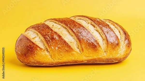 Fototapeta Golden Brown Loaf of Bread with Diagonal Scores on a Bright Yellow Background Studio Shot