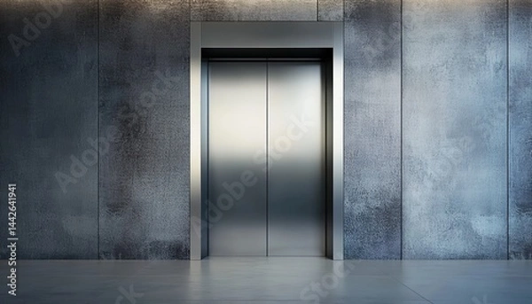 Fototapeta A modern elevator door embedded in a concrete-tiled wall with two blank signs beside it, illuminated by sunlight creating shadows.