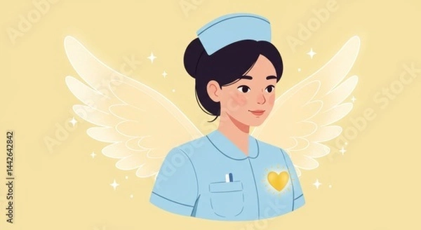 Obraz Flat illustration of nurse with glowing wings and heart symbol
