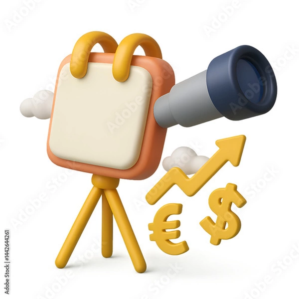 Obraz Telescope with Currency Symbols and Arrow – Insights on Financial Growth