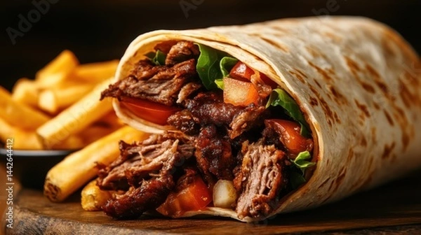Fototapeta A tempting beef wrap bursting with an array of fresh vegetables, showcasing a vibrant and healthy meal option ideal for satisfying hunger and flavor cravings.