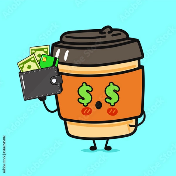 Fototapeta A charming Coffee cup character with dollar signs for eyes holding a wallet of cash and a card.