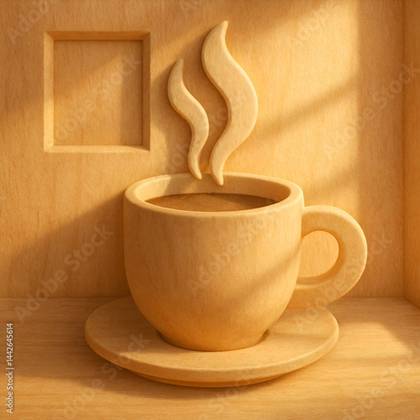 Obraz Carved Wooden Cup with Stylized Steam – Artistic Relief Design"