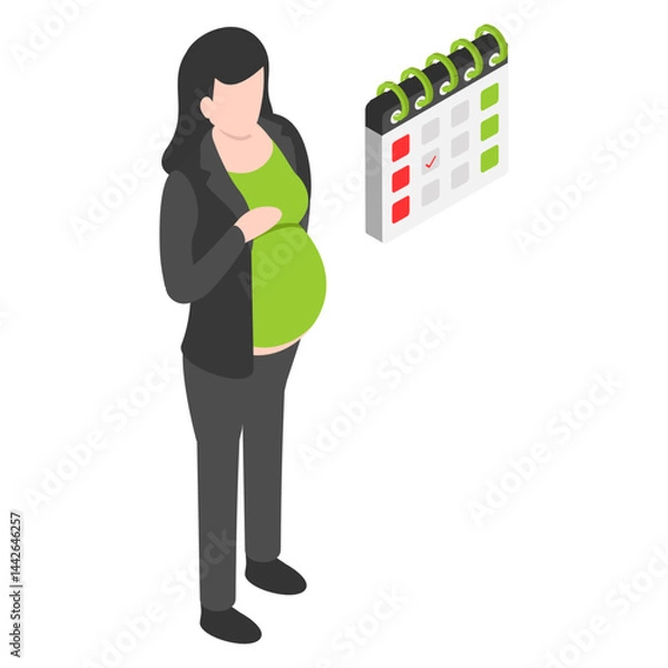 Obraz Maternity pay and leave isometric Concept, Standing Pregnant Lady with Calendar Sign, Business Character Stock illustration, Parental or family leave vector color icon design, Employee benefits sign