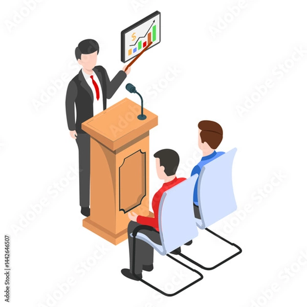 Obraz Trainer Giving the Presentation on Growth isometric Concept,Presenter with Bar Graphs Vector Icon Design, Adult Education pictogram, executive on rostrum wearing spectacles stock illustration,  hrm sy