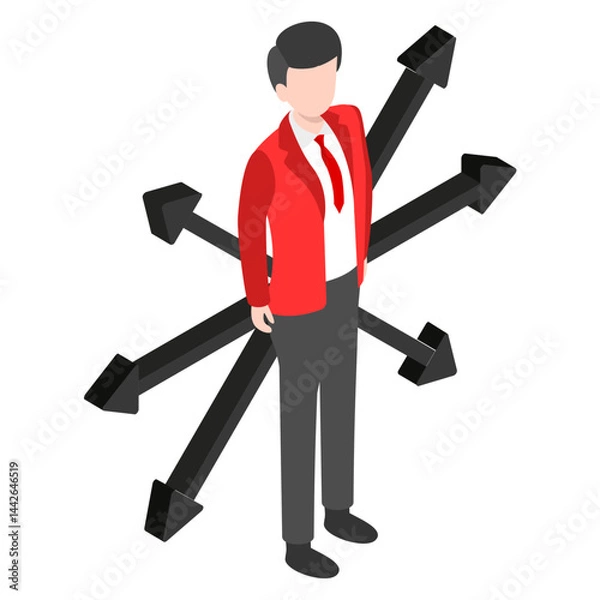 Obraz Office secretary isometric Concept, hrm symbol, Man with Multi directional arrows vector color icon design,  Business Character stock illustration, hr sign