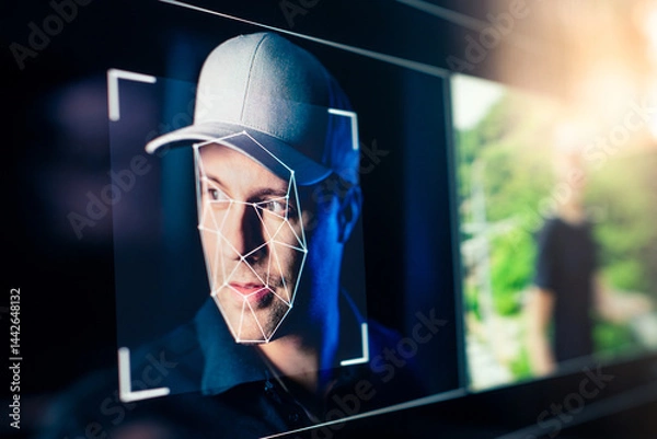 Fototapeta AI deepfake. Deep fake, identity theft or fraud scam video. Face recognition with artificial intelligence. Photo detection. Machine learning and computer id analysis system technology.