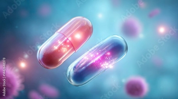 Fototapeta Glowing Probiotic Capsules with Bacteria Shapes on Blue Background – Gut Health Concept