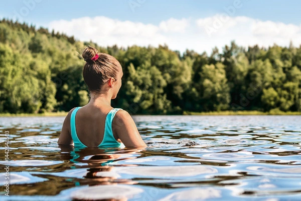Fototapeta Swimming in lake in nature of Finland. Woman, water and forest. Summer at beach. Finnish bathing in river. Back view of person. Blue sky and beautiful green trees. Happy people relax in Scandinavia.