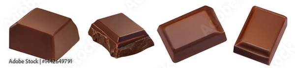 Obraz Dark chocolate bar pieces isolated on white. Chocolate Collection. Milk chocolate bar Top view. Flat lay. Package design element.