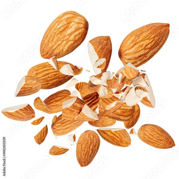 Obraz Almond nuts  levitating in air isolated on white.  Falling crushed almonds nuts. Cracked Almonds is torn to pieces explosion with crumbs. Food Package design elements.