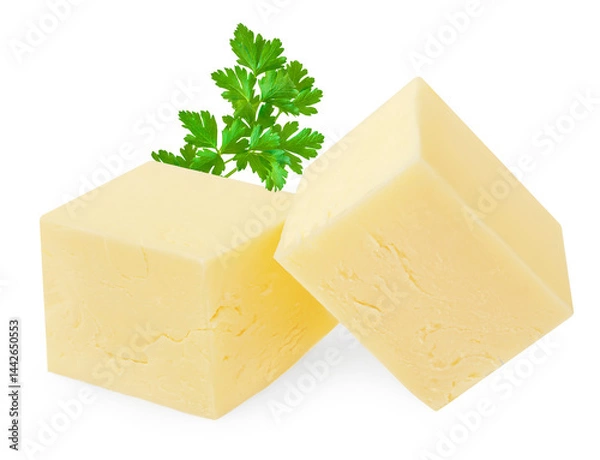 Obraz Butter cube isolated on white background. Fresh cow’s milk butter piece close up. Cooking Package design element..