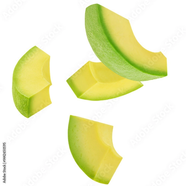 Obraz Levitating Avocado pieces isolated on white. Flying Avocado fruit slices. Avocado Explosion. Top view. Flat lay. Package design element