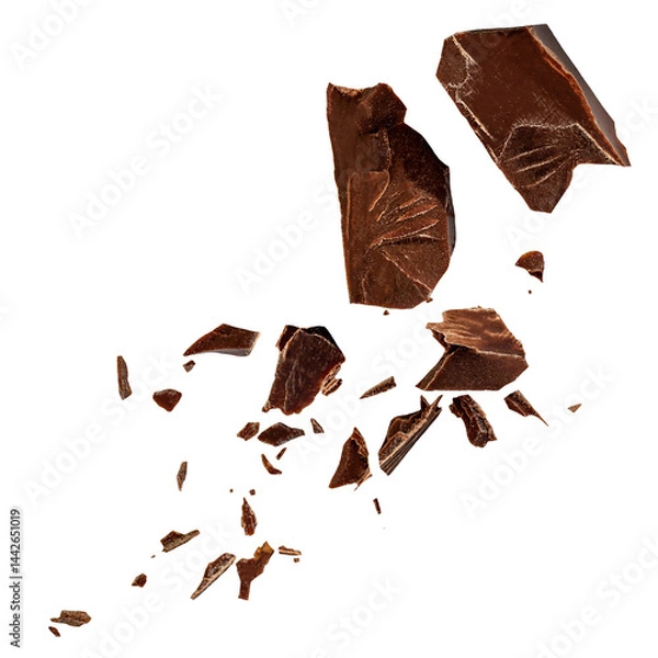 Obraz Chocolate bar  pieces  Explosion. Levitating dark chocolate pieces shattering isolated on white background. Falling  Chocolate chunks with choco crumbs. Package design element