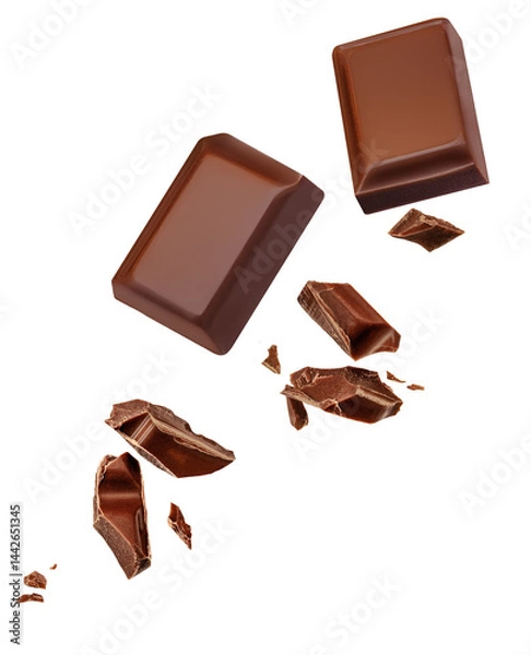 Obraz Chocolate bar  pieces  Explosion. Levitating dark chocolate pieces shattering isolated on white background. Falling  Chocolate chunks with choco crumbs. Package design element
