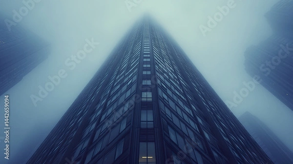Fototapeta towering skyscraper emerges through fog, creating mysterious atmosphere